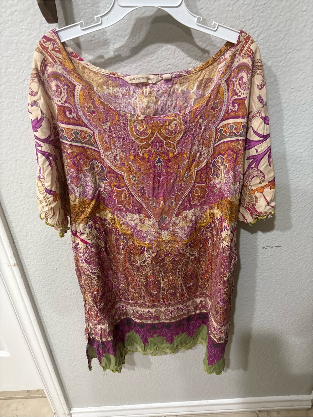 Soft Surroundings Boho Paisley Print Scoop Neck Top Green Purple Flawless Size L